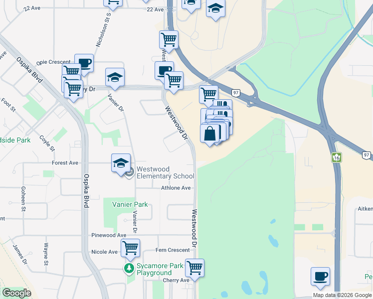 map of restaurants, bars, coffee shops, grocery stores, and more near 2591 Lorne Crescent in Prince George