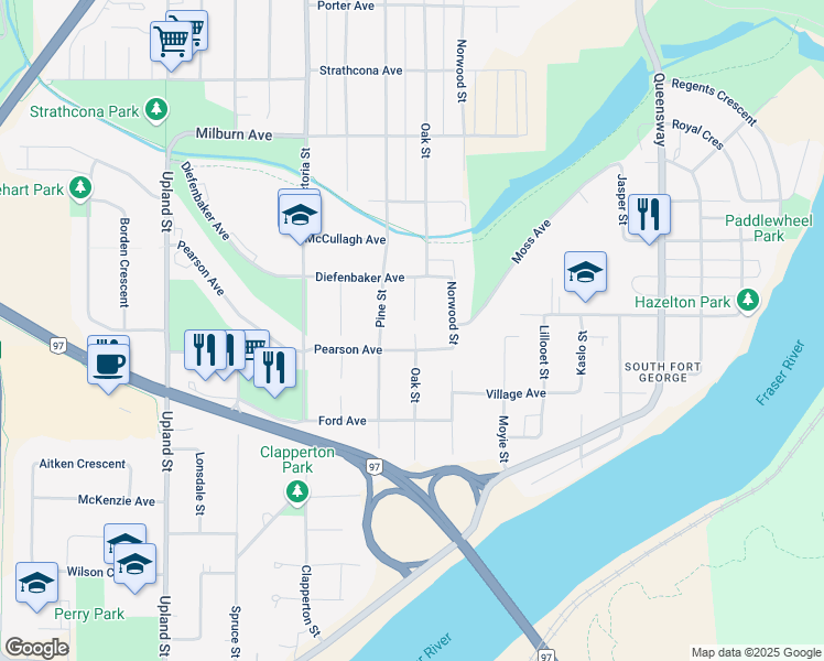 map of restaurants, bars, coffee shops, grocery stores, and more near 2631 Oak Street in Prince George