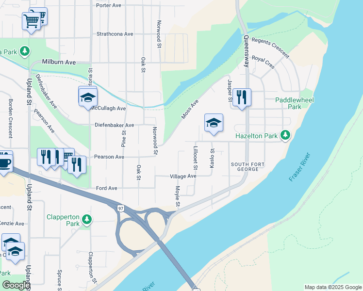 map of restaurants, bars, coffee shops, grocery stores, and more near 1375 La Salle Avenue in Prince George
