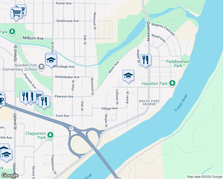 map of restaurants, bars, coffee shops, grocery stores, and more near 1355 La Salle Avenue in Prince George