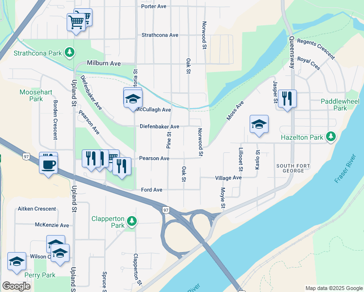 map of restaurants, bars, coffee shops, grocery stores, and more near 2631 Oak Street in Prince George