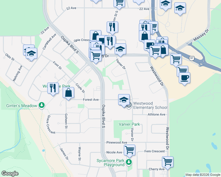 map of restaurants, bars, coffee shops, grocery stores, and more near 2550 Ospika Boulevard South in Prince George