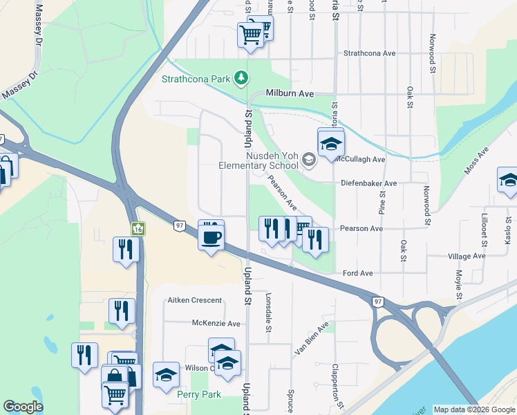map of restaurants, bars, coffee shops, grocery stores, and more near Upland Street in Prince George