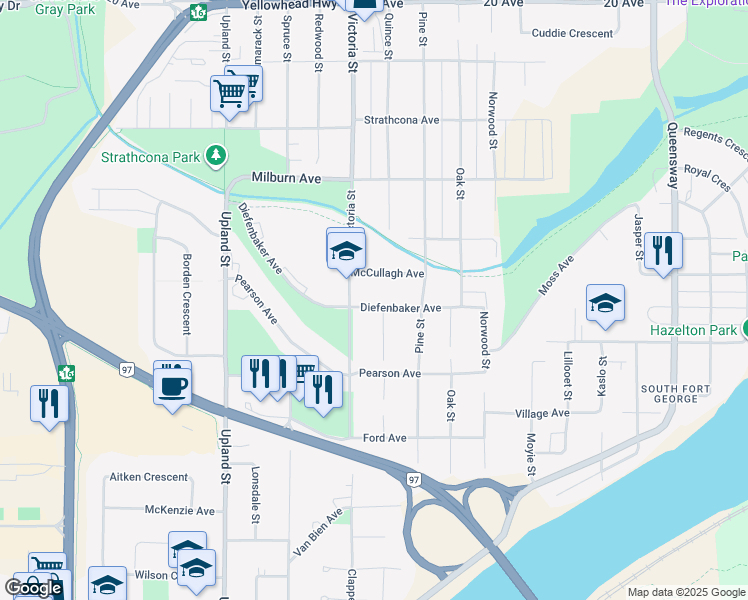 map of restaurants, bars, coffee shops, grocery stores, and more near 1486 Diefenbaker Avenue in Prince George