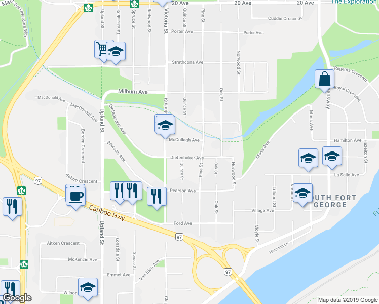 map of restaurants, bars, coffee shops, grocery stores, and more near 1444 Diefenbaker Avenue in Prince George