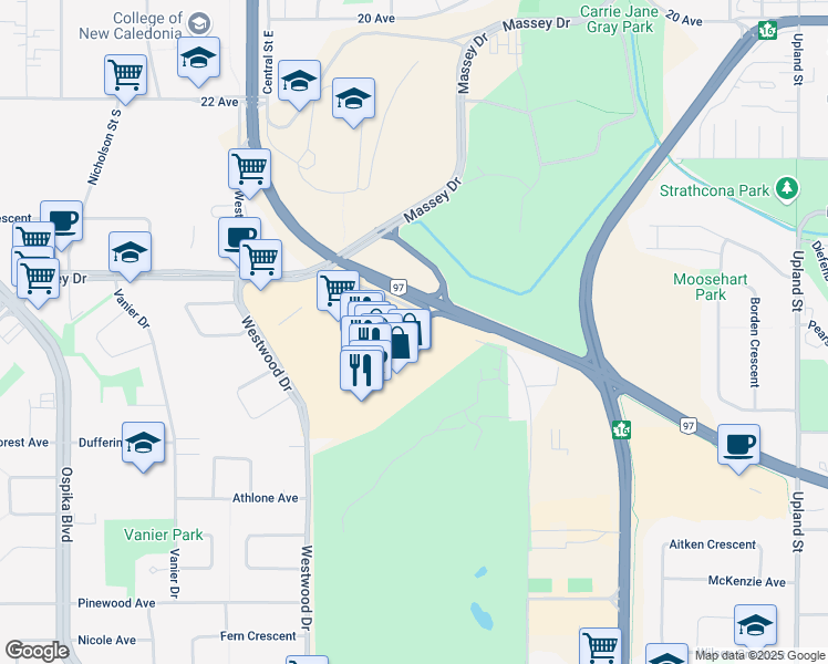 map of restaurants, bars, coffee shops, grocery stores, and more near 2999 Massey Drive in Prince George