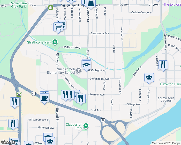 map of restaurants, bars, coffee shops, grocery stores, and more near 1497 McCullagh Avenue in Prince George