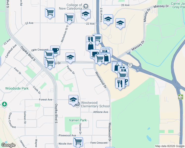 map of restaurants, bars, coffee shops, grocery stores, and more near 2484 Lisgar Crescent in Prince George