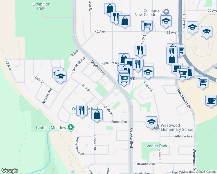 map of restaurants, bars, coffee shops, grocery stores, and more near 4001 Enemark Crescent in Prince George