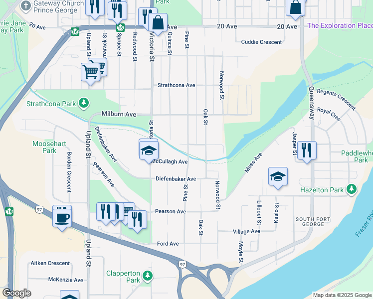 map of restaurants, bars, coffee shops, grocery stores, and more near 2401 Pine Street in Prince George