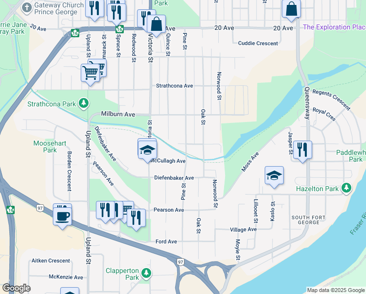 map of restaurants, bars, coffee shops, grocery stores, and more near 2401 Pine Street in Prince George