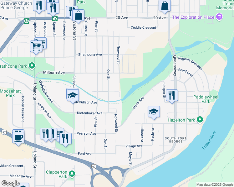 map of restaurants, bars, coffee shops, grocery stores, and more near 2407 Norwood Street in Prince George