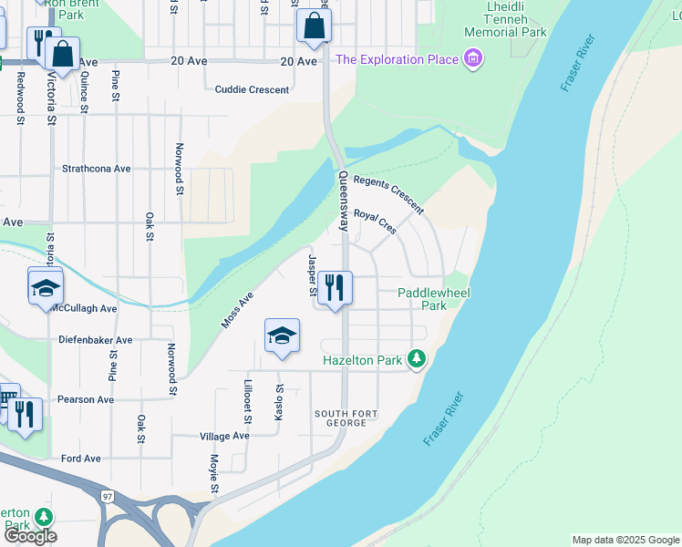 map of restaurants, bars, coffee shops, grocery stores, and more near 2389 Queensway in Prince George