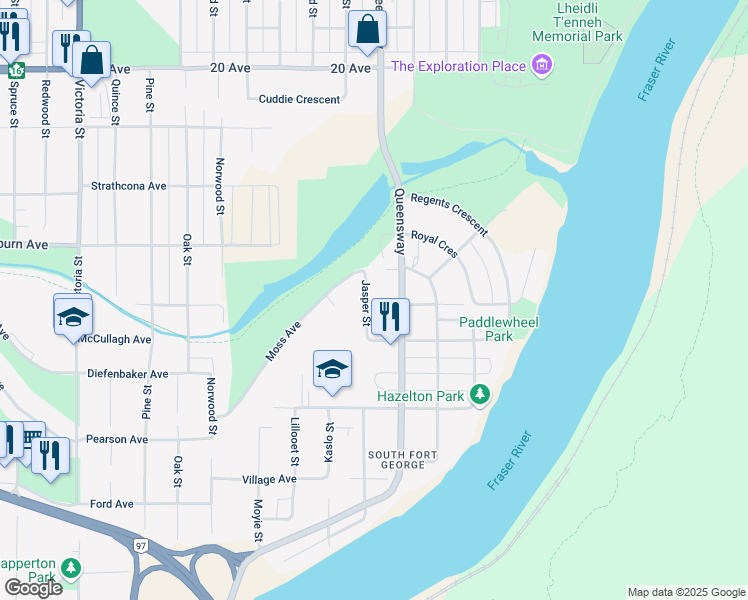 map of restaurants, bars, coffee shops, grocery stores, and more near 2396 Jasper Street in Prince George