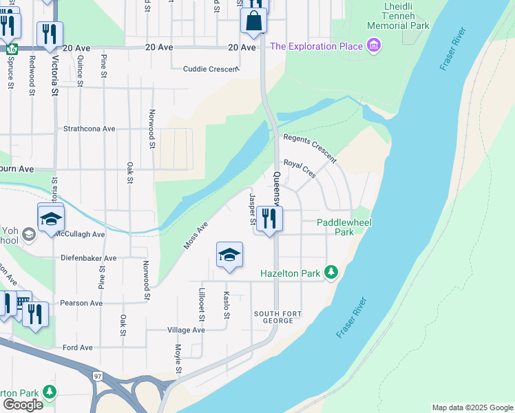 map of restaurants, bars, coffee shops, grocery stores, and more near 2389 Queensway in Prince George