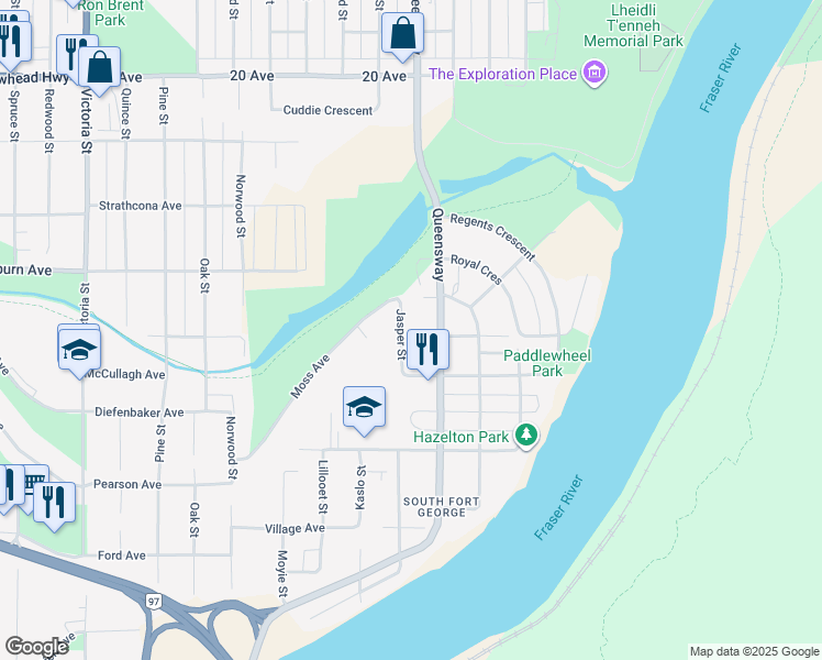 map of restaurants, bars, coffee shops, grocery stores, and more near 2396 Jasper Street in Prince George