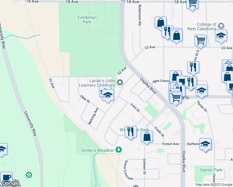 map of restaurants, bars, coffee shops, grocery stores, and more near 4126 Campbell Avenue in Prince George