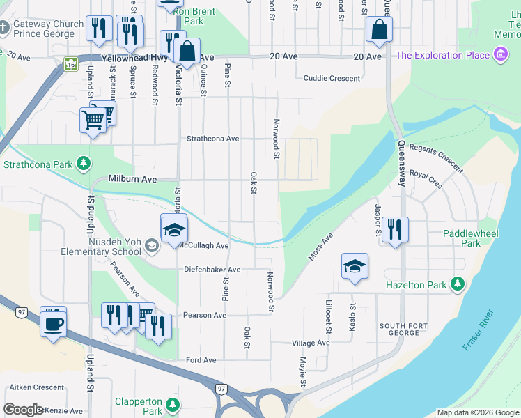 map of restaurants, bars, coffee shops, grocery stores, and more near 2330 Oak Street in Prince George