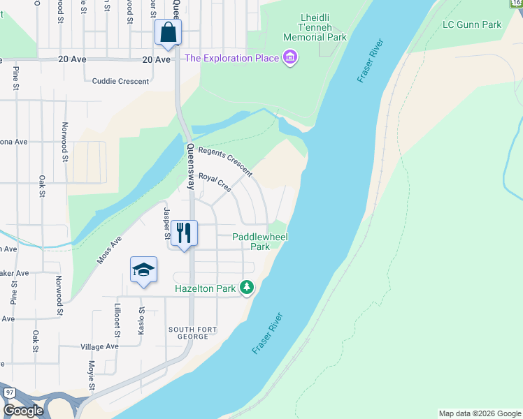 map of restaurants, bars, coffee shops, grocery stores, and more near 2375 Regents Crescent in Prince George