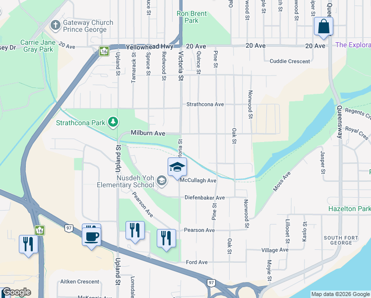 map of restaurants, bars, coffee shops, grocery stores, and more near 2390 Victoria Street in Prince George