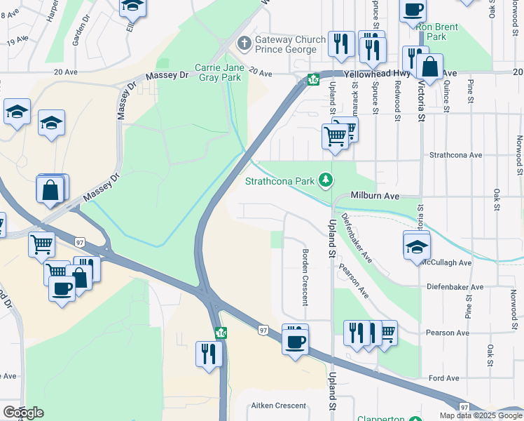 map of restaurants, bars, coffee shops, grocery stores, and more near 2101 Macdonald Avenue in Prince George