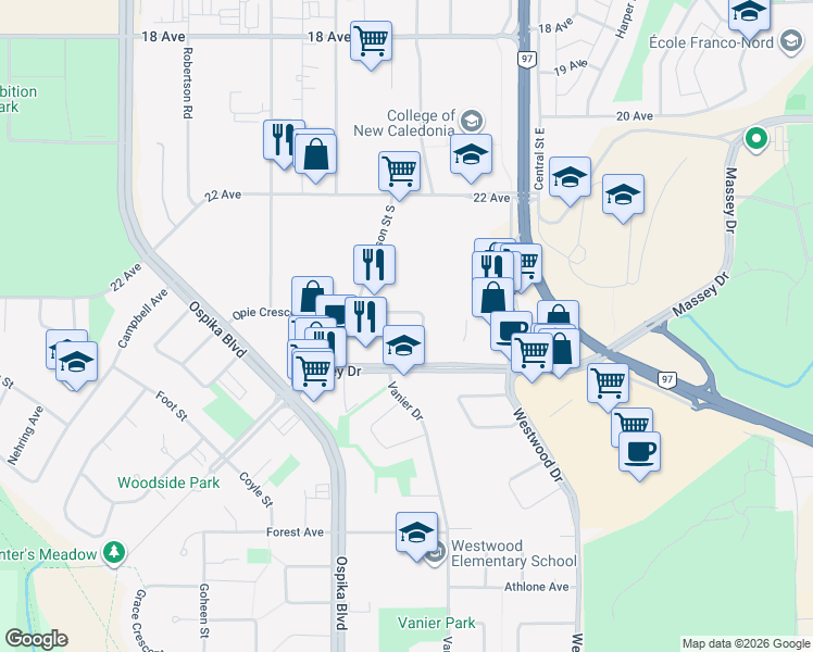 map of restaurants, bars, coffee shops, grocery stores, and more near 3521 Opie Crescent in Prince George