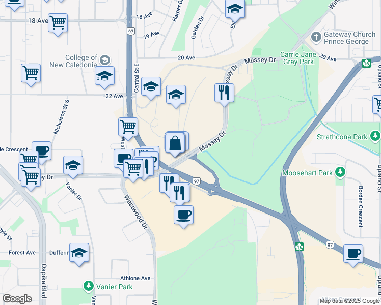map of restaurants, bars, coffee shops, grocery stores, and more near 2999 Massey Drive in Prince George