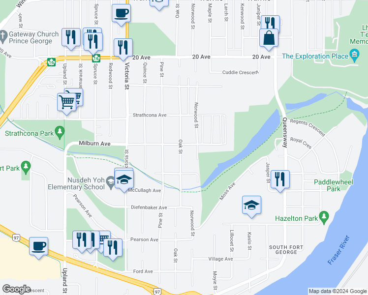 map of restaurants, bars, coffee shops, grocery stores, and more near 1385 Milburn Avenue in Prince George