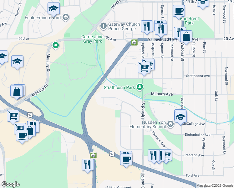 map of restaurants, bars, coffee shops, grocery stores, and more near 2068 Macdonald Avenue in Prince George