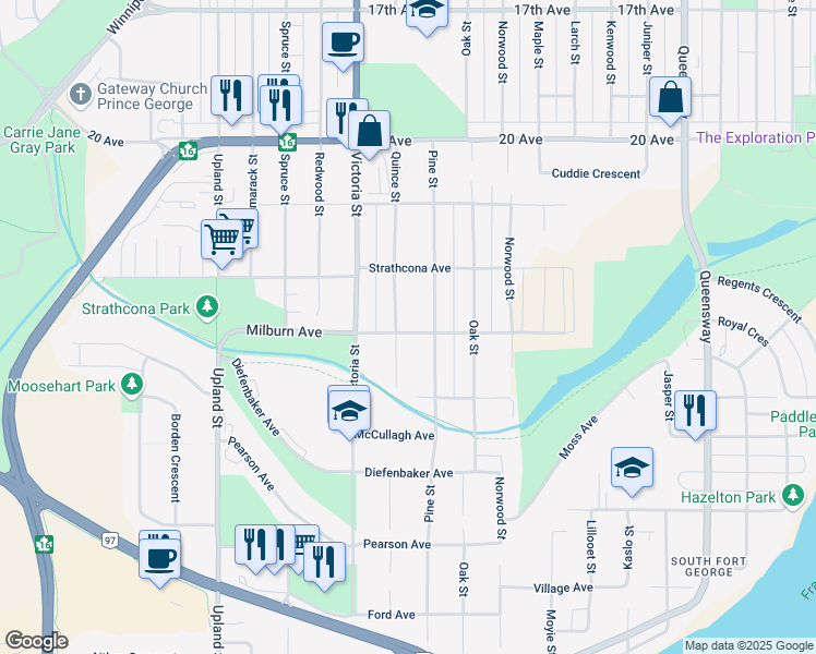 map of restaurants, bars, coffee shops, grocery stores, and more near 1456 Milburn Avenue in Prince George