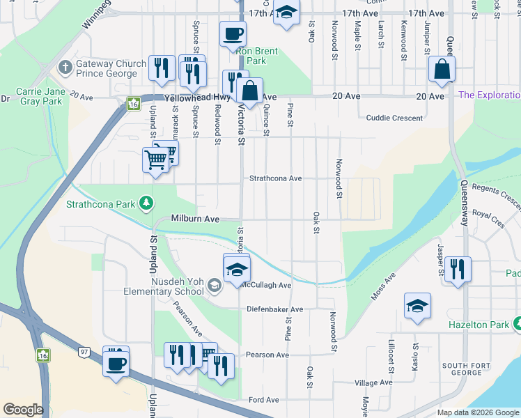 map of restaurants, bars, coffee shops, grocery stores, and more near 2265 Quince Street in Prince George