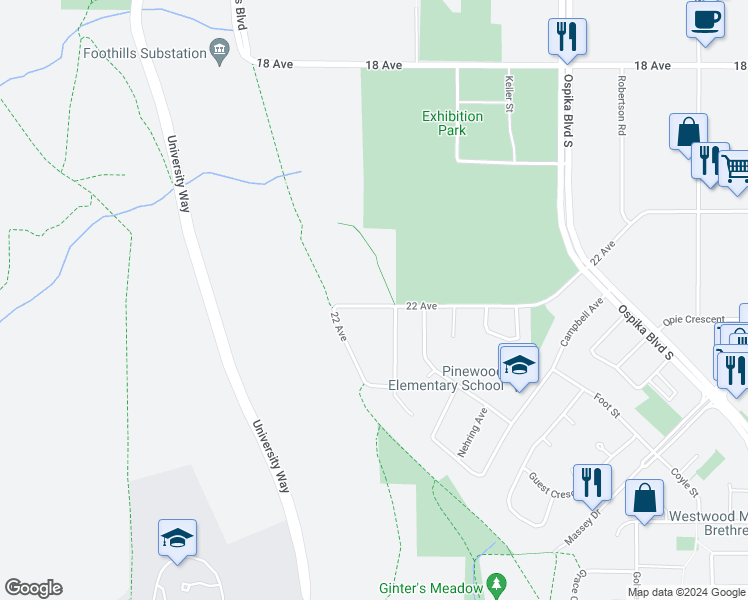 map of restaurants, bars, coffee shops, grocery stores, and more near 4278 22 Avenue in Prince George