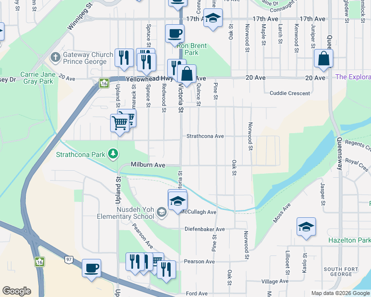 map of restaurants, bars, coffee shops, grocery stores, and more near 2336 Victoria Street in Prince George