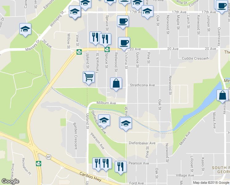 map of restaurants, bars, coffee shops, grocery stores, and more near 2345 Redwood Street in Prince George