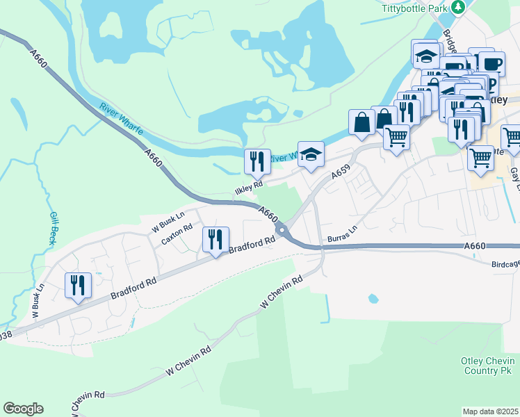 map of restaurants, bars, coffee shops, grocery stores, and more near A660 in Otley