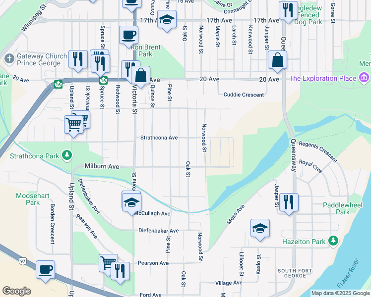 map of restaurants, bars, coffee shops, grocery stores, and more near 1366 Strathcona Avenue in Prince George