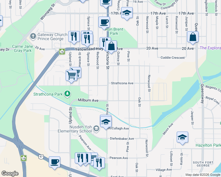 map of restaurants, bars, coffee shops, grocery stores, and more near 2336 Victoria Street in Prince George