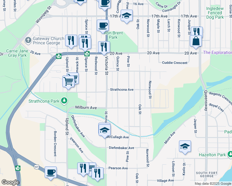 map of restaurants, bars, coffee shops, grocery stores, and more near 1445 Strathcona Avenue in Prince George