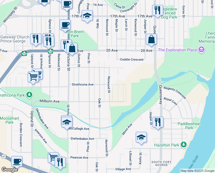map of restaurants, bars, coffee shops, grocery stores, and more near 1311 Strathcona Avenue in Prince George