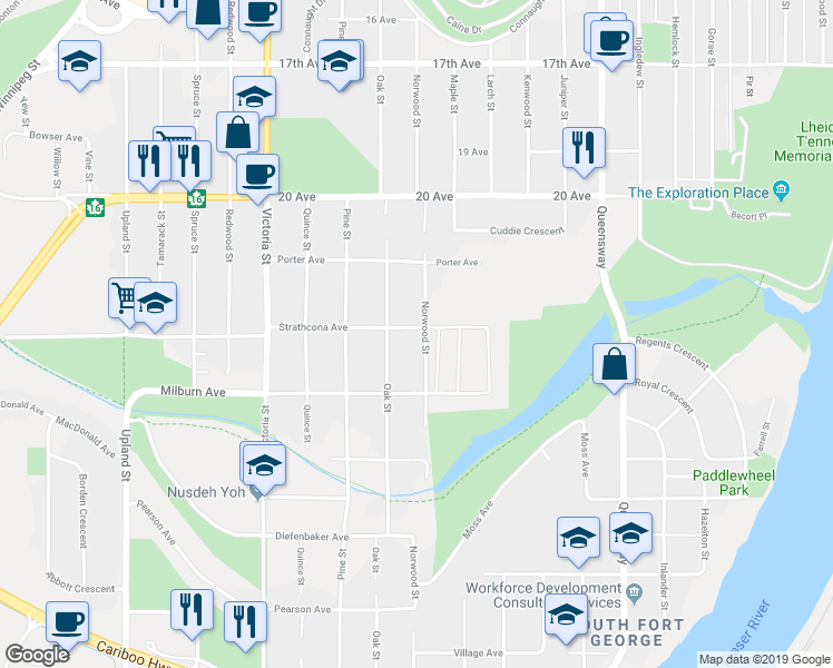 map of restaurants, bars, coffee shops, grocery stores, and more near 1311 Strathcona Avenue in Prince George