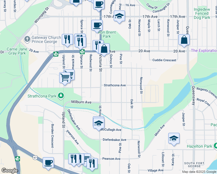 map of restaurants, bars, coffee shops, grocery stores, and more near 1445 Strathcona Avenue in Prince George