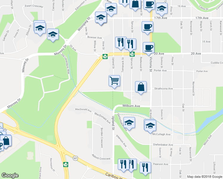 map of restaurants, bars, coffee shops, grocery stores, and more near 1991 Strathcona Avenue in Prince George