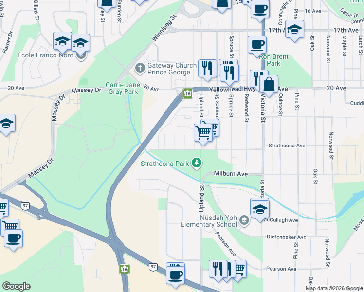 map of restaurants, bars, coffee shops, grocery stores, and more near 1900 Strathcona Avenue in Prince George