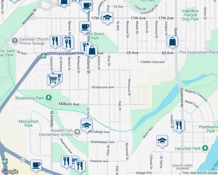 map of restaurants, bars, coffee shops, grocery stores, and more near Pine Street in Prince George
