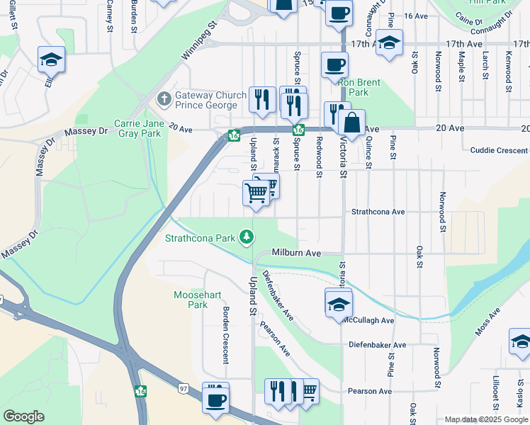 map of restaurants, bars, coffee shops, grocery stores, and more near 1736 Strathcona Avenue in Prince George