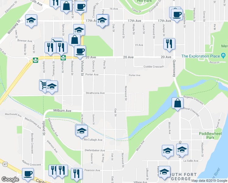 map of restaurants, bars, coffee shops, grocery stores, and more near 1366 Strathcona Avenue in Prince George