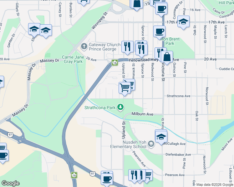 map of restaurants, bars, coffee shops, grocery stores, and more near 1900 Strathcona Avenue in Prince George