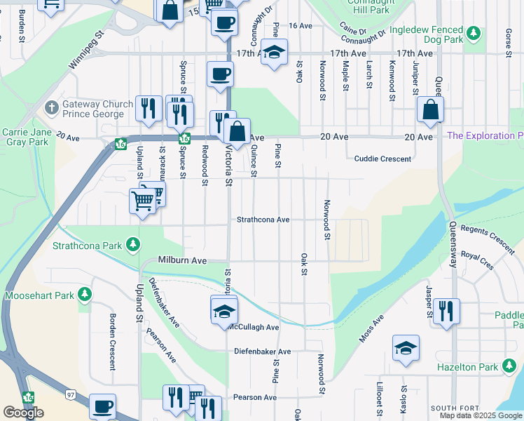 map of restaurants, bars, coffee shops, grocery stores, and more near 2172 Quince Street in Prince George