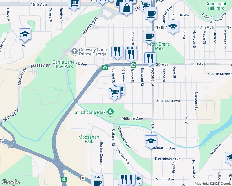 map of restaurants, bars, coffee shops, grocery stores, and more near 1736 Strathcona Avenue in Prince George