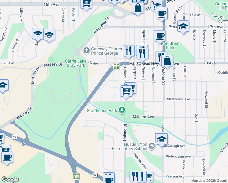 map of restaurants, bars, coffee shops, grocery stores, and more near 2131 Upland Street in Prince George